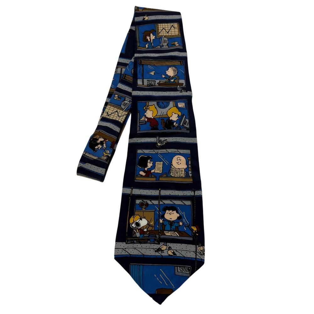 Vintage Peanuts Silk Tie Workday Theme Snoopy Charlie Brown Blue Workwear Career